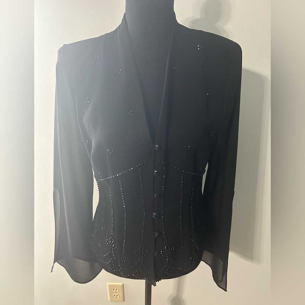 J.R. Nites | Rhinestoned sheer blazer top with 6 button closure SZ 8